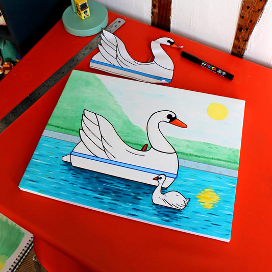 Swan Boat With Swan on Lake, Spring Version, Painting on Canvas
