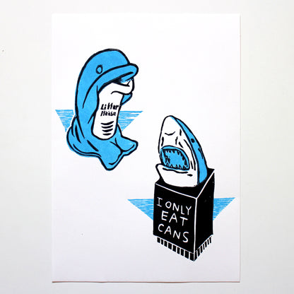 Dolphin vs Shark Beach Bins Linocut Print