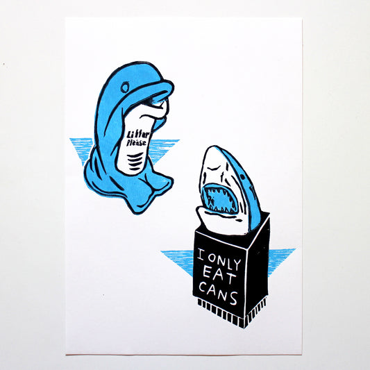 Dolphin vs Shark Beach Bins Linocut Print