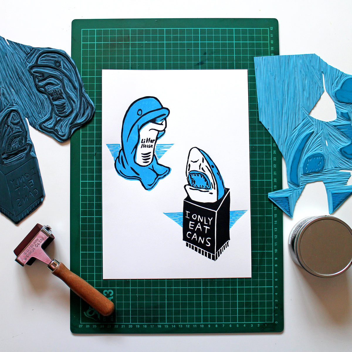 Dolphin vs Shark Beach Bins Linocut Print