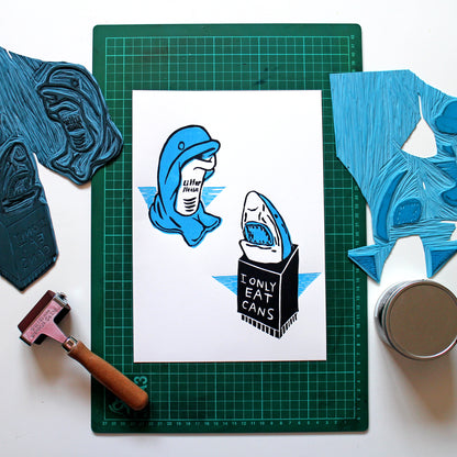 Dolphin vs Shark Beach Bins Linocut Print