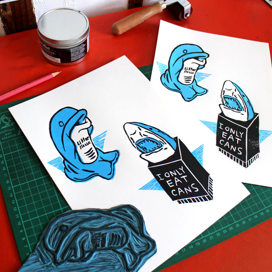 Dolphin vs Shark Beach Bins Linocut Print
