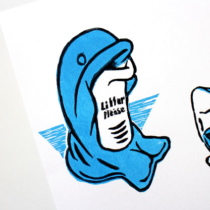 Dolphin vs Shark Beach Bins Linocut Print