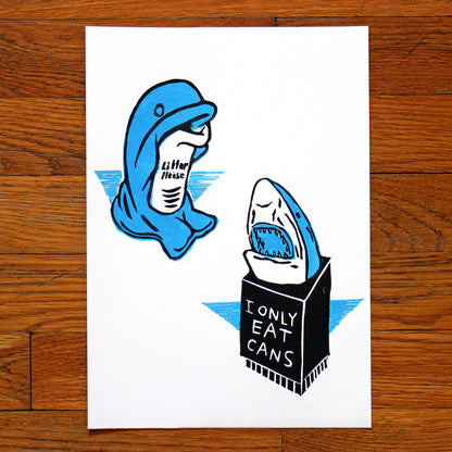 Dolphin vs Shark Beach Bins Linocut Print