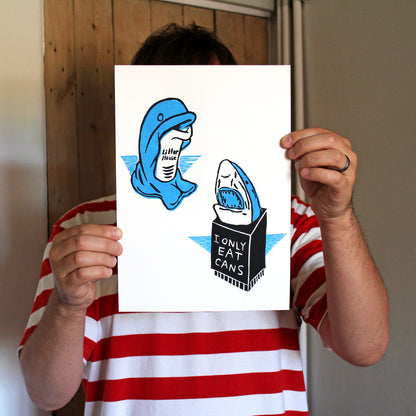 Dolphin vs Shark Beach Bins Linocut Print