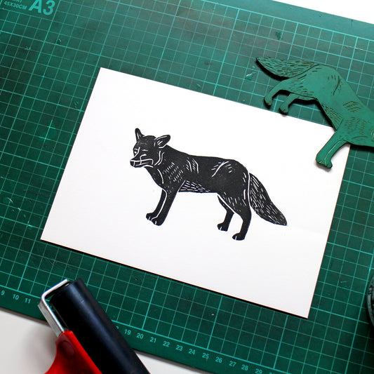 Fox A5 Linocut Print in Black