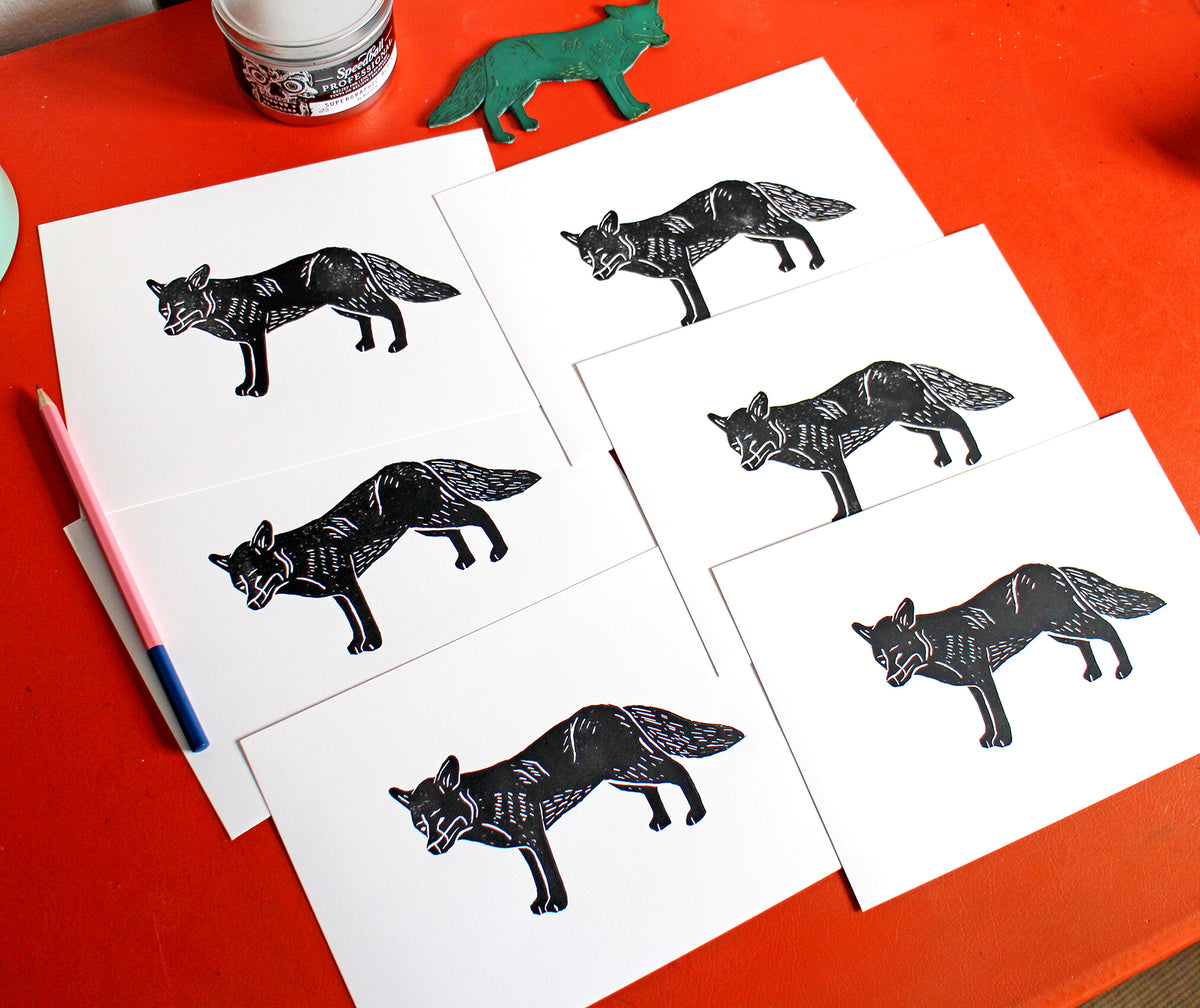 Fox A5 Linocut Print in Black