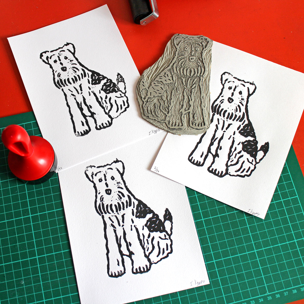 Wire Fox Terrier Dog Handmade Linocut Print