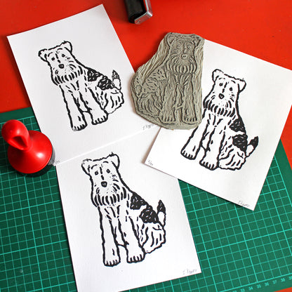 Wire Fox Terrier Dog Handmade Linocut Print