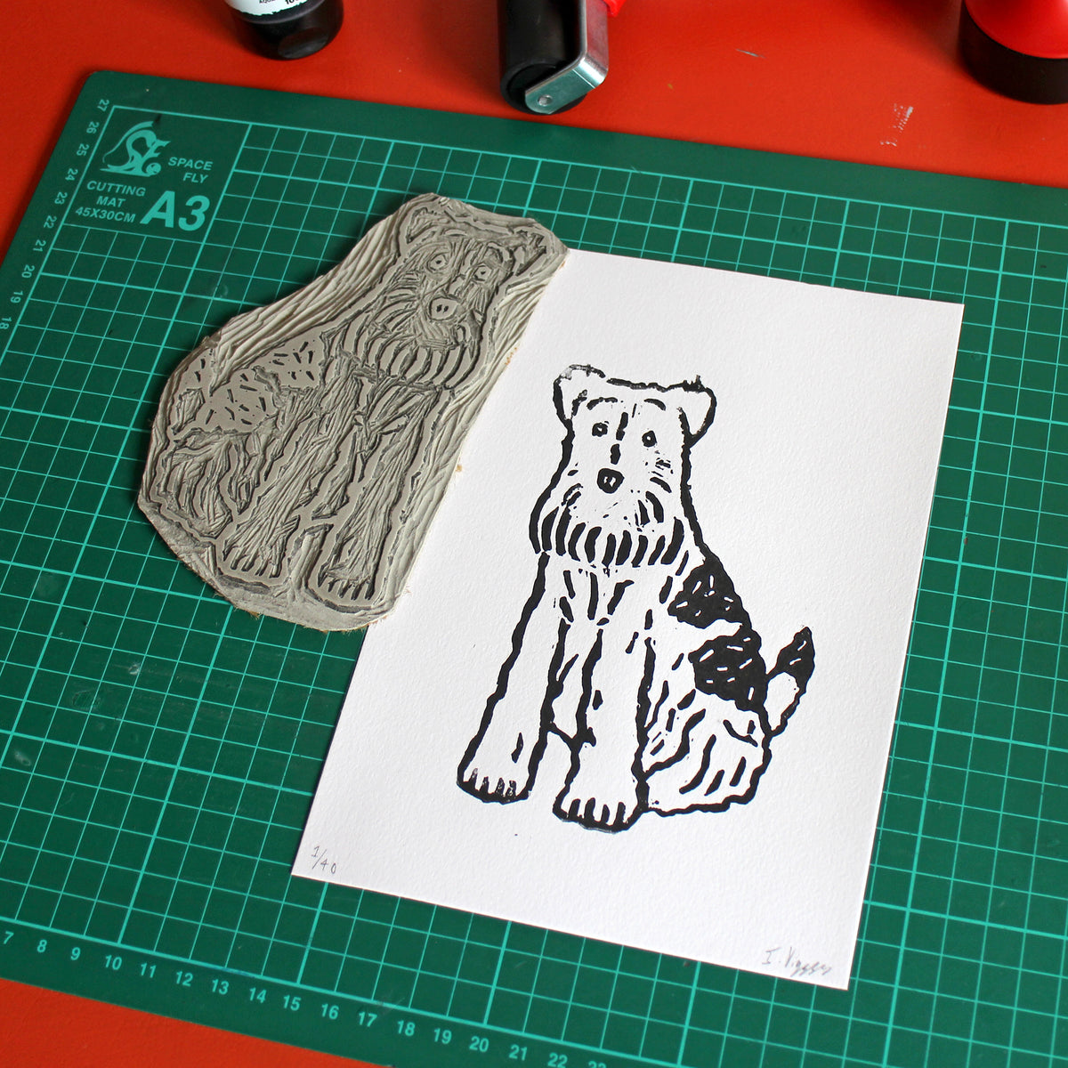 Wire Fox Terrier Dog Handmade Linocut Print
