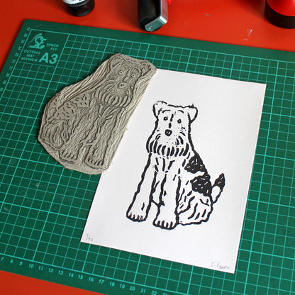 Wire Fox Terrier Dog Handmade Linocut Print