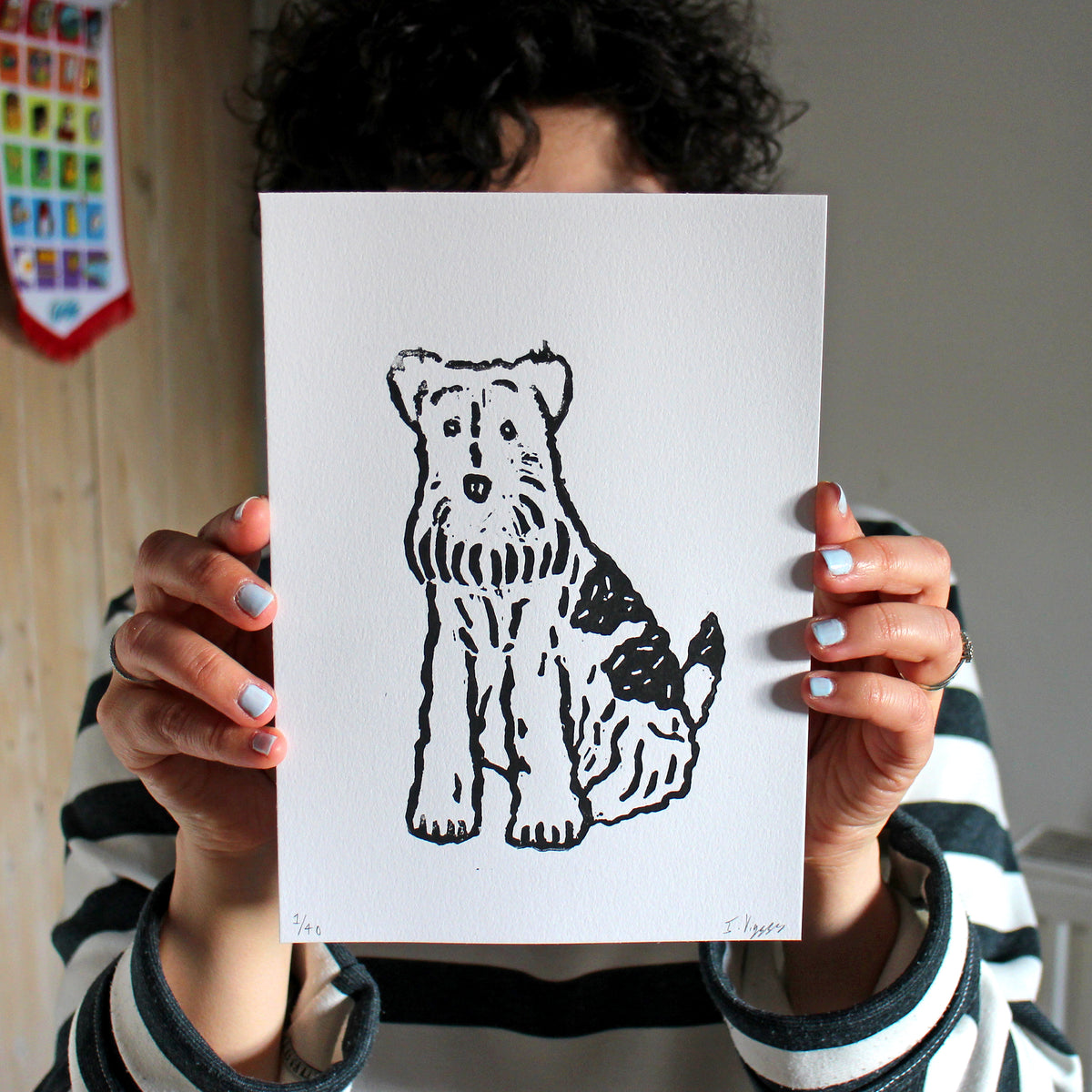Wire Fox Terrier Dog Handmade Linocut Print