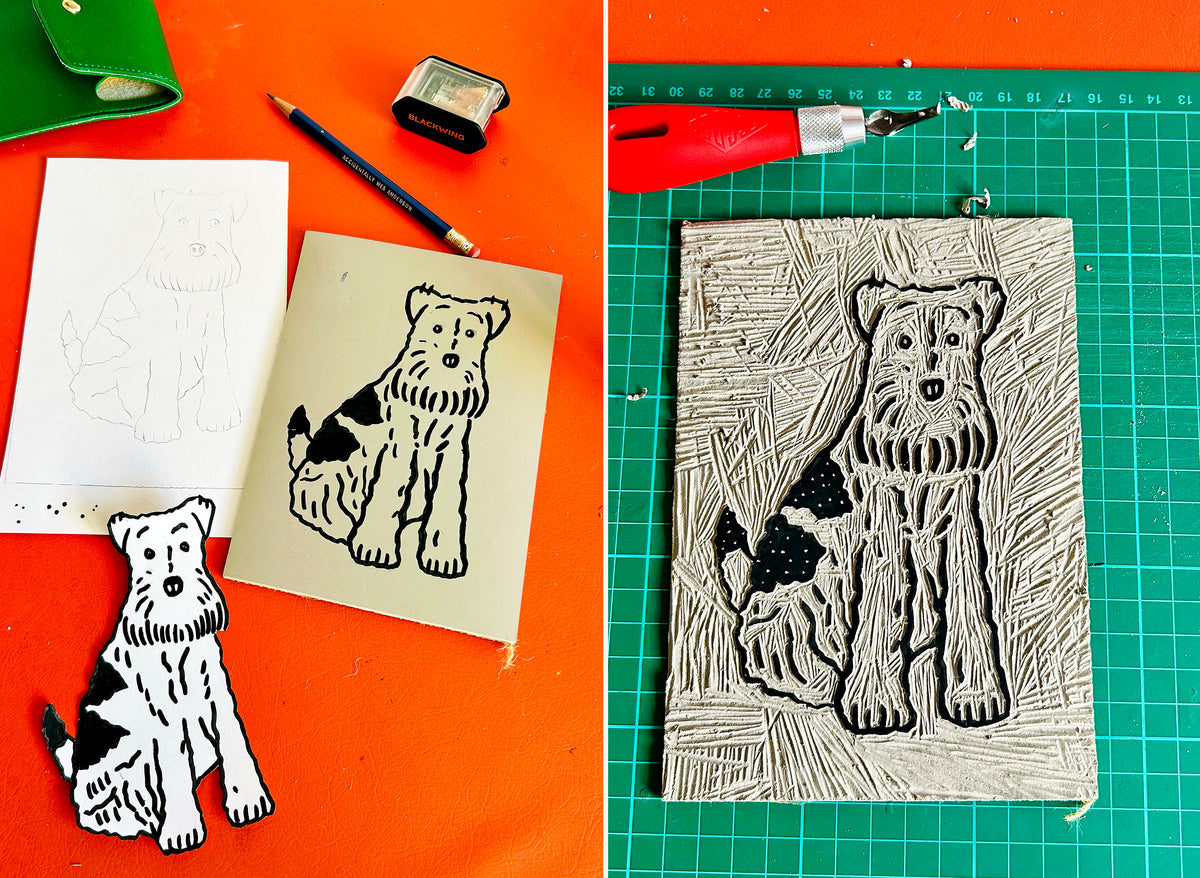 Wire Fox Terrier Dog Handmade Linocut Print
