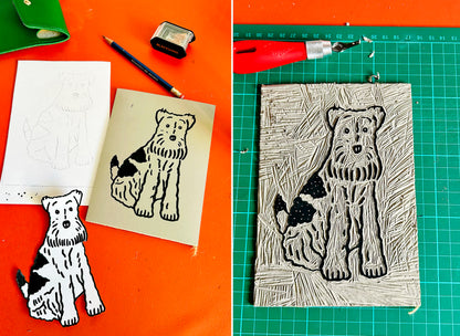 Wire Fox Terrier Dog Handmade Linocut Print