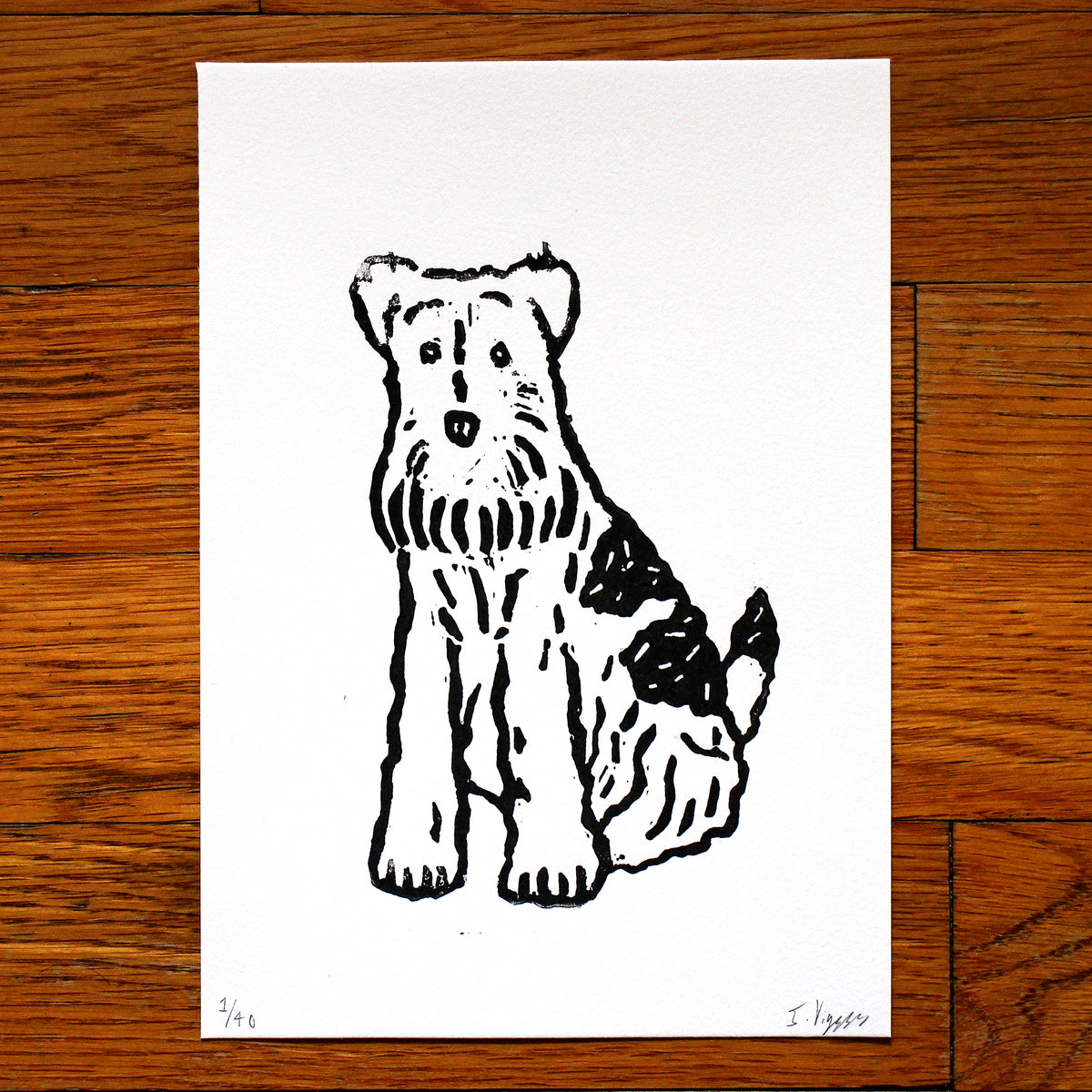 Wire Fox Terrier Dog Handmade Linocut Print