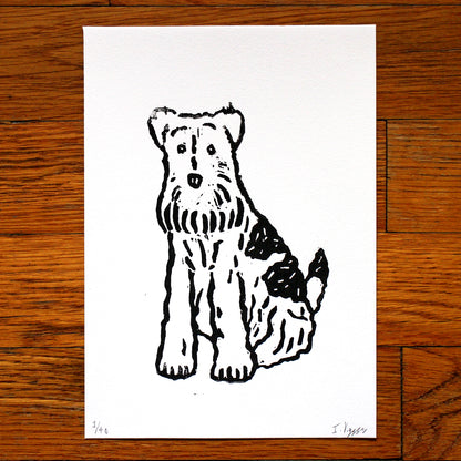 Wire Fox Terrier Dog Handmade Linocut Print