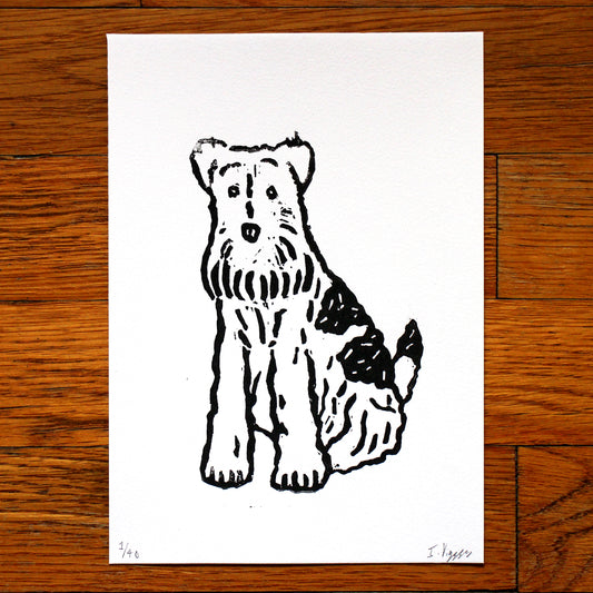 Wire Fox Terrier Dog Handmade Linocut Print