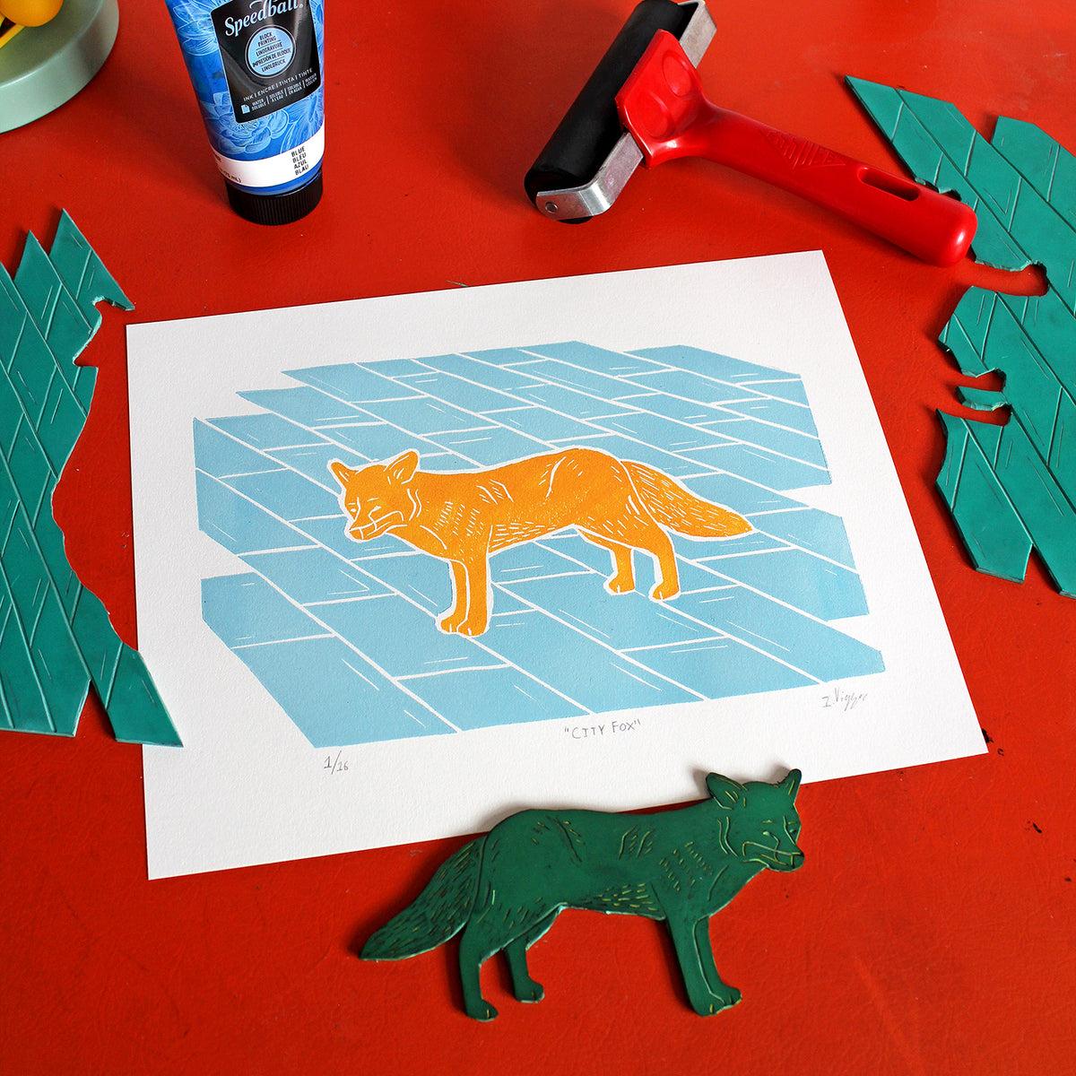 City Fox Linocut Print, Limited Edition of 16