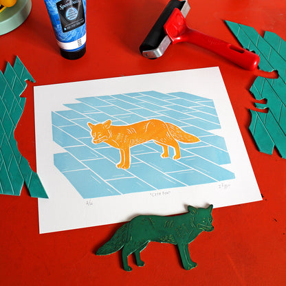 City Fox Linocut Print, Limited Edition of 16