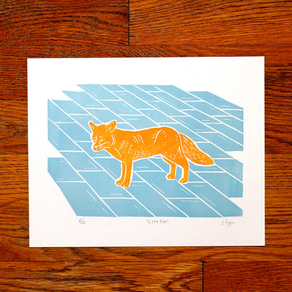 City Fox Linocut Print, Limited Edition of 16