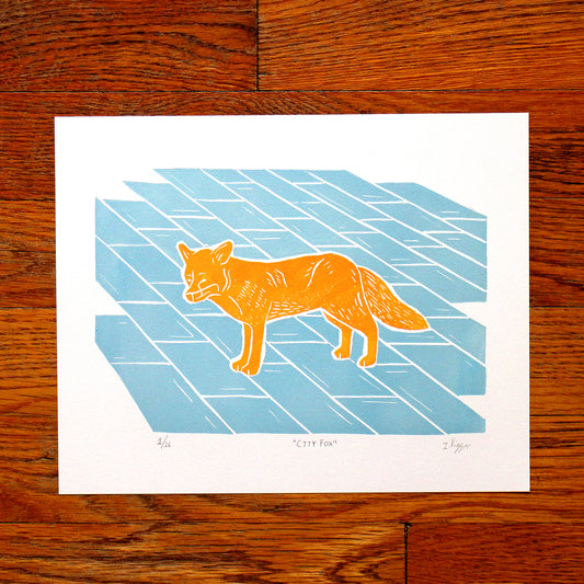 City Fox Linocut Print, Limited Edition of 16
