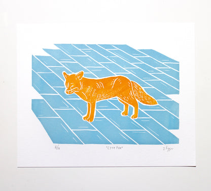City Fox Linocut Print, Limited Edition of 16