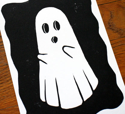 Ghost Linocut Print in Black Ink on A5 Paper