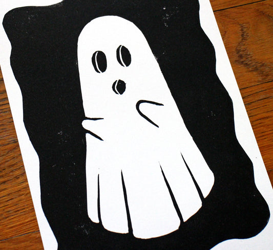 Ghost Linocut Print in Black Ink on A5 Paper