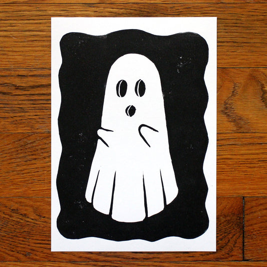 Ghost Linocut Print in Black Ink on A5 Paper