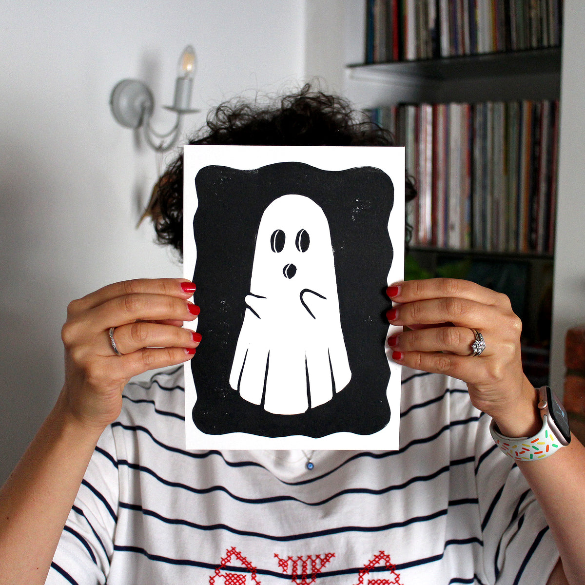 Ghost Linocut Print in Black Ink on A5 Paper