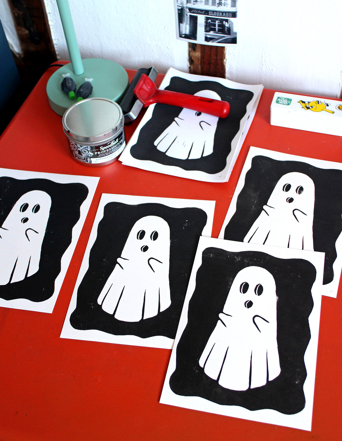 Ghost Linocut Print in Black Ink on A5 Paper