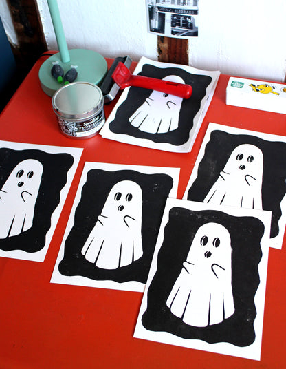 Ghost Linocut Print in Black Ink on A5 Paper