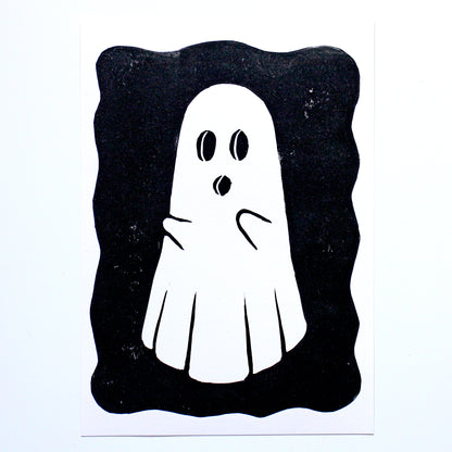 Ghost Linocut Print in Black Ink on A5 Paper