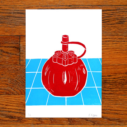 Tomato Ketchup Squeezy Bottle Linocut Print