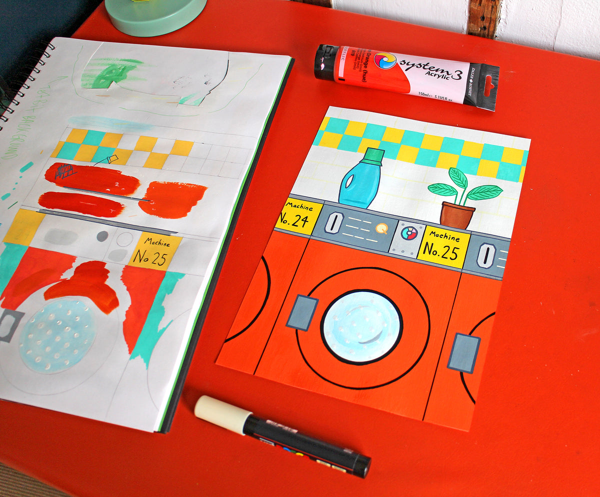 Retro Orange Launderette Interior Pop Art Painting on A4 Paper