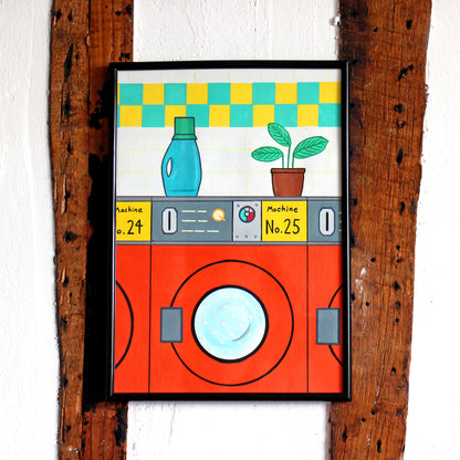Retro Orange Launderette Interior Pop Art Painting on A4 Paper