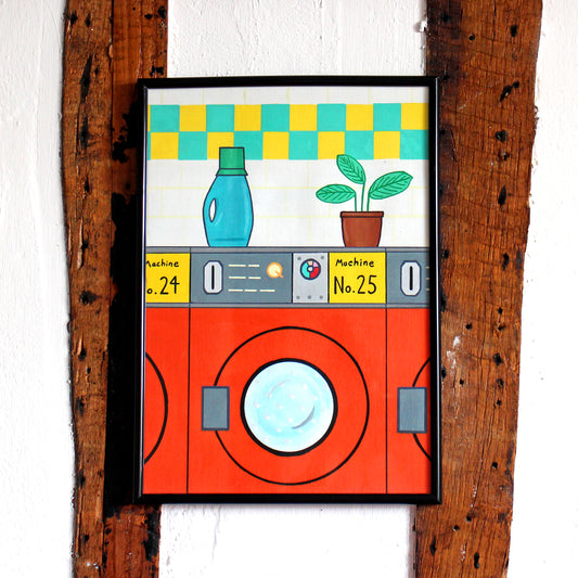 Retro Orange Launderette Interior Pop Art Painting on A4 Paper