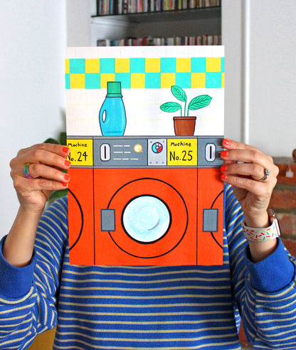 Retro Orange Launderette Interior Pop Art Painting on A4 Paper