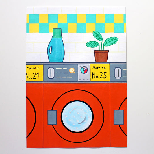 Retro Orange Launderette Interior Pop Art Painting on A4 Paper