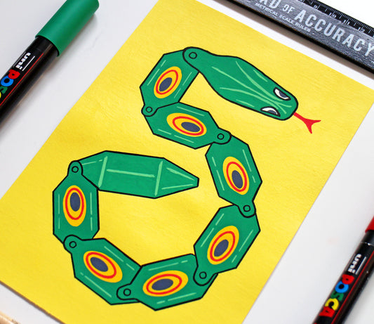 Wiggly Plastic Snake Toy Pop Art Painting on A5 Paper