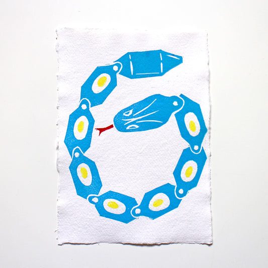 Toy Snake in Blue, Handmade Linocut Print
