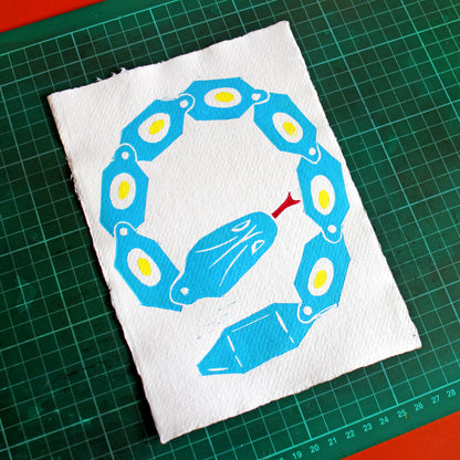 Toy Snake in Blue, Handmade Linocut Print