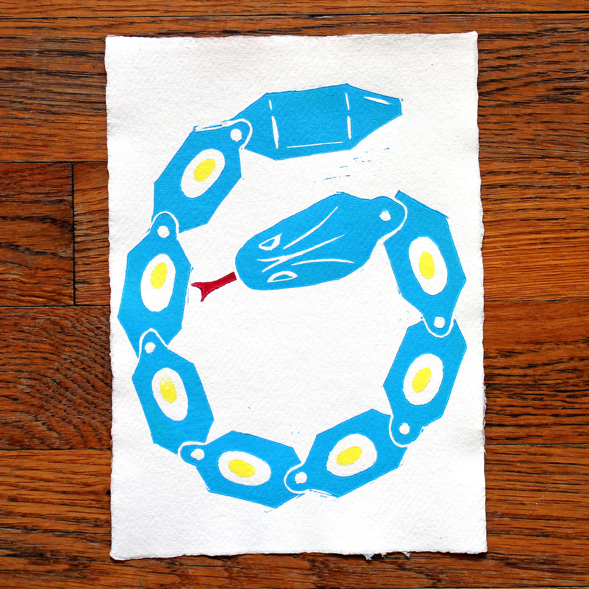 Toy Snake in Blue, Handmade Linocut Print