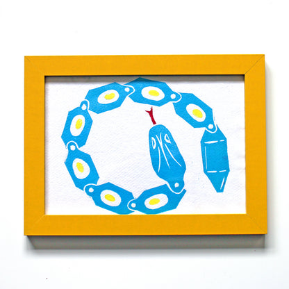 Toy Snake in Blue, Handmade Linocut Print
