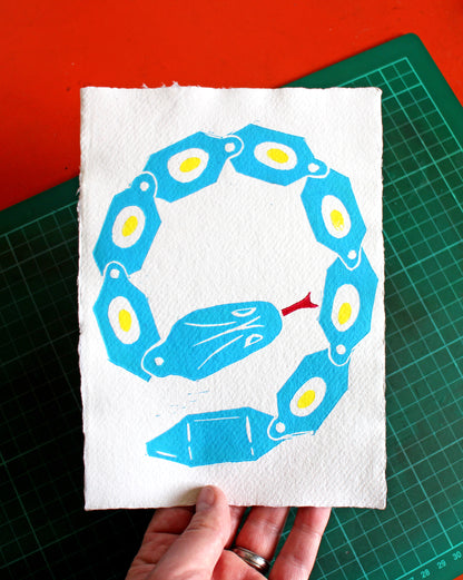 Toy Snake in Blue, Handmade Linocut Print