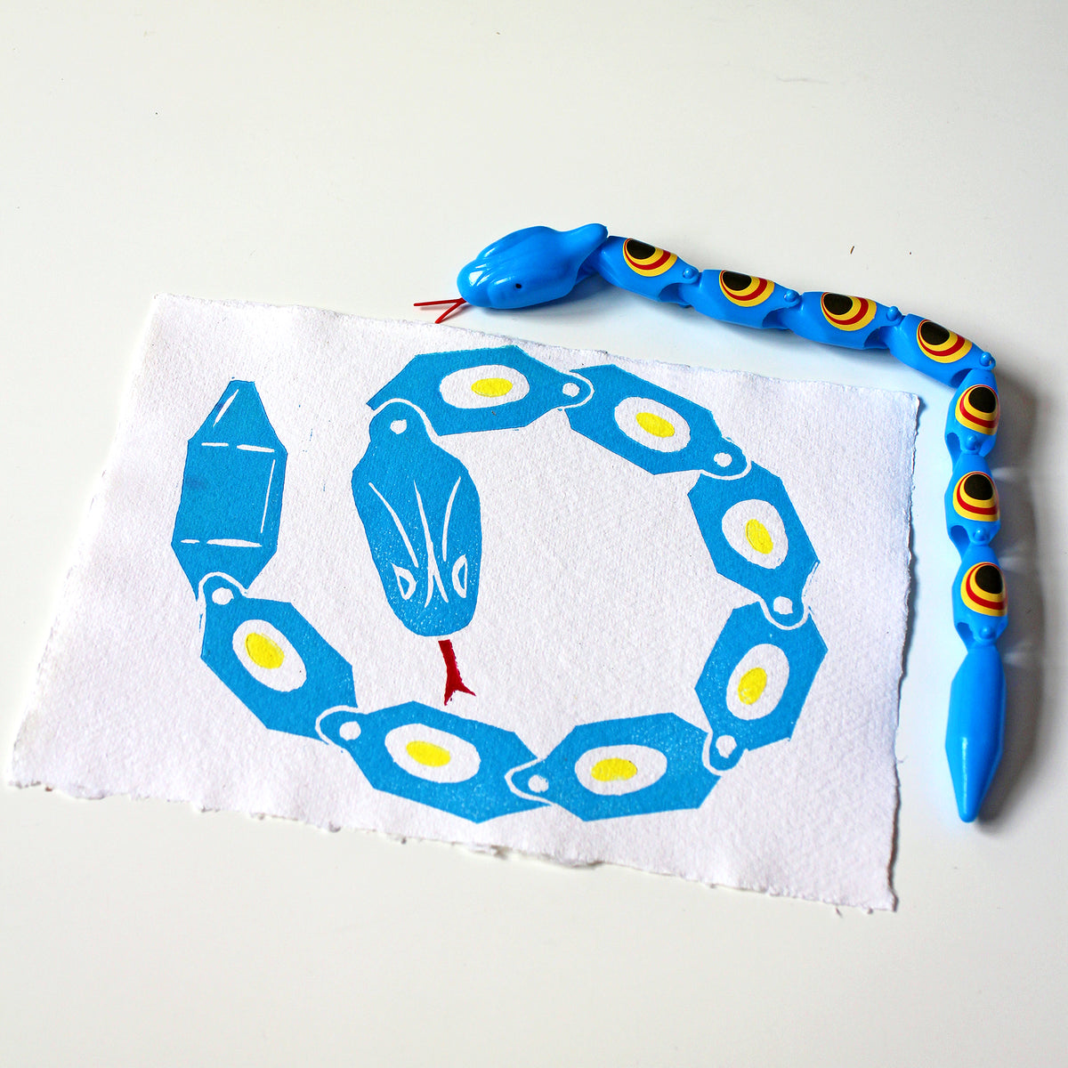 Toy Snake in Blue, Handmade Linocut Print