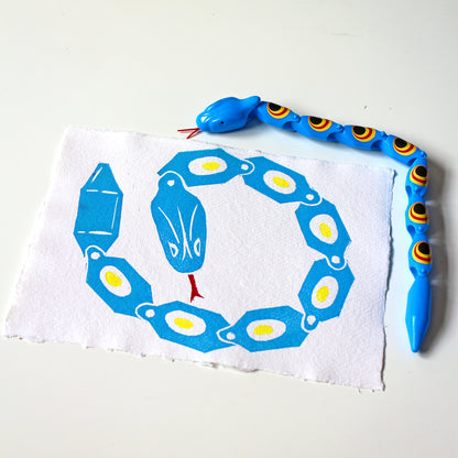 Toy Snake in Blue, Handmade Linocut Print