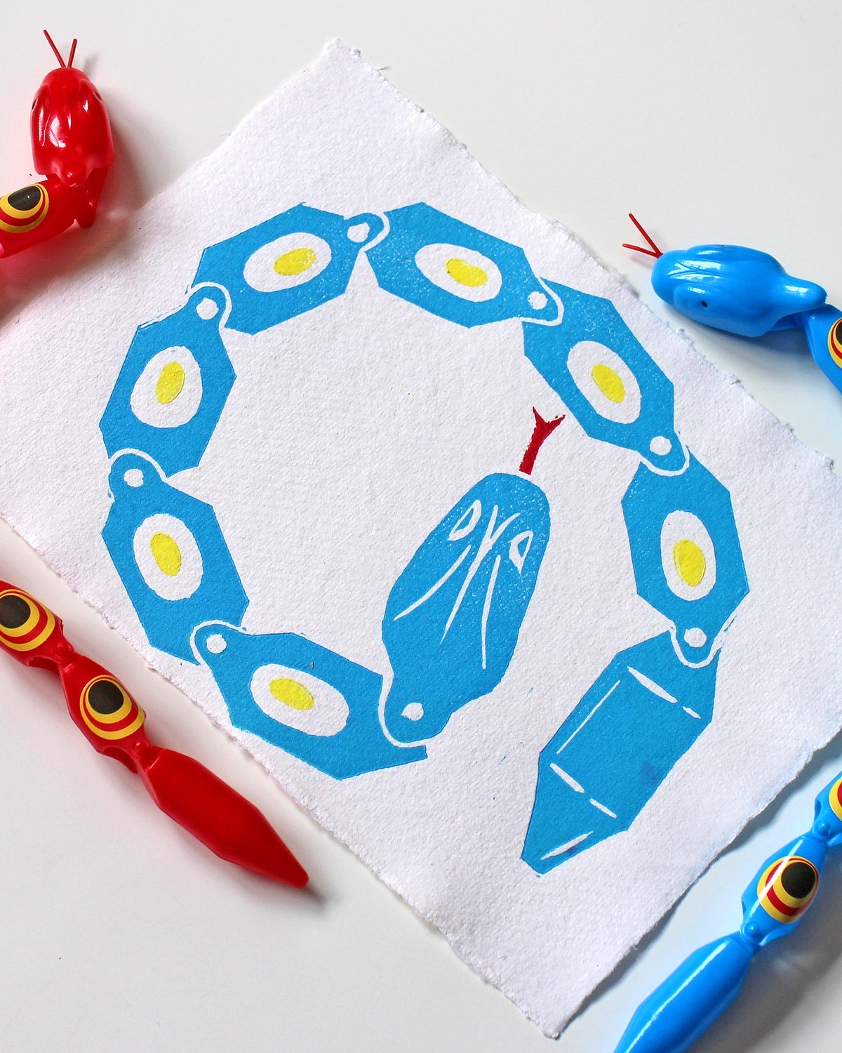 Toy Snake in Blue, Handmade Linocut Print