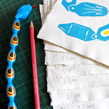 Toy Snake in Blue, Handmade Linocut Print