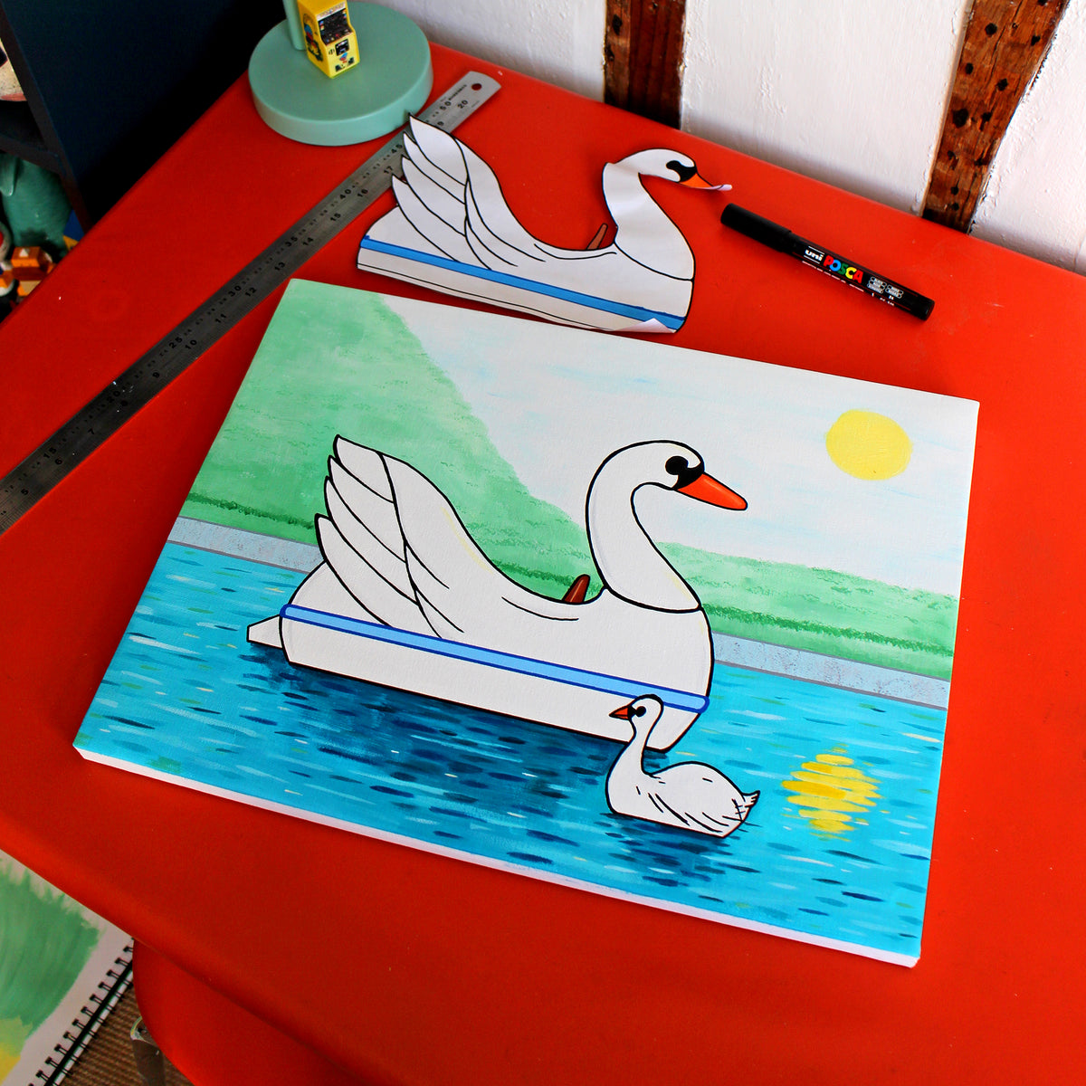 Swan Boat With Swan on Lake, Spring Version, Painting on Canvas